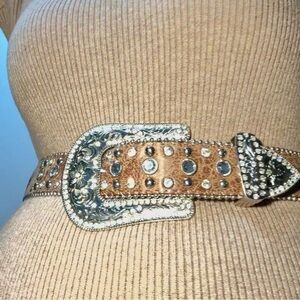 Elegant Blazin Roxx‎ Tan Embroidered Belt with Rhinestone & Silver Detailing
